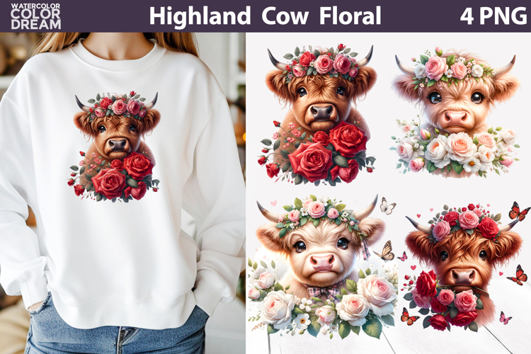 Highland Cow Rose Clipart | Floral Sublimation