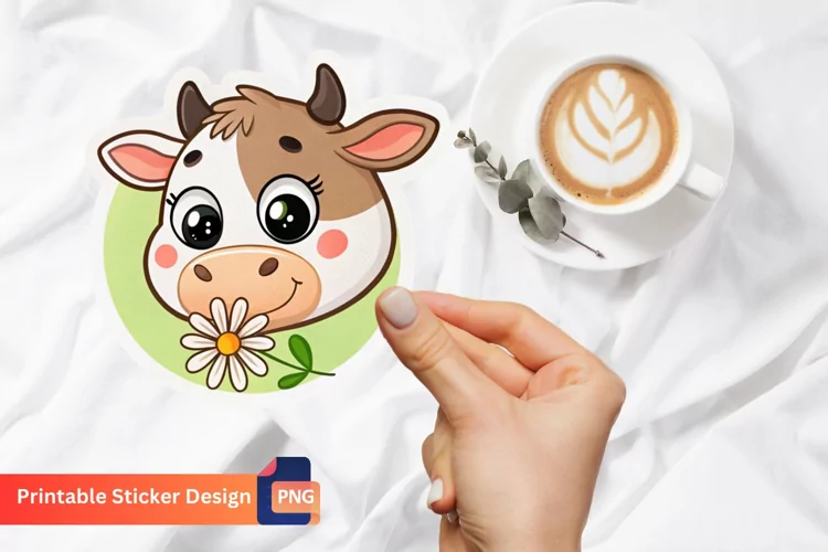 Cute Cow Flower Sticker, Floral Cow Art, Adorable Cow Art