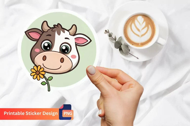 Cute Cow Flower Sticker, Floral Cow Art, Adorable Cow Art