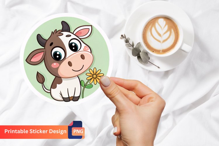 Cute Cow Flower Sticker, Floral Cow Art, Adorable Cow Art example image 1