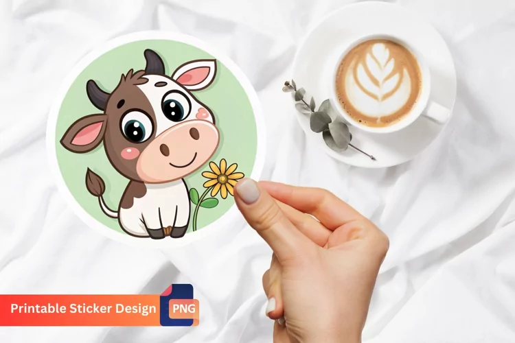 Cute Cow Flower Sticker, Floral Cow Art, Adorable Cow Art