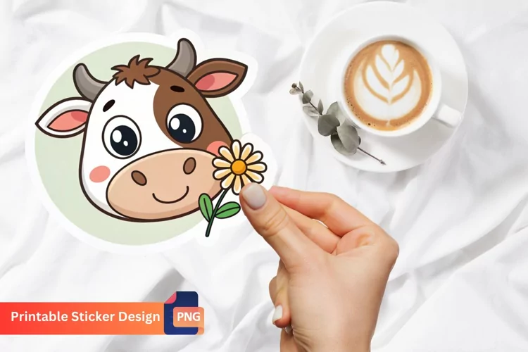 Cute Cow Flower Sticker, Floral Cow Art, Adorable Cow Art