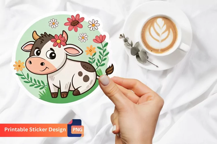 Cute Cow Flowers Stickers, Animal Lover Stickers
