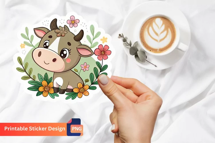 Cute Cow Flowers Stickers, Animal Lover Stickers