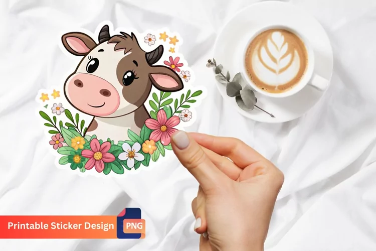 Cute Cow Flowers Stickers, Animal Lover Stickers