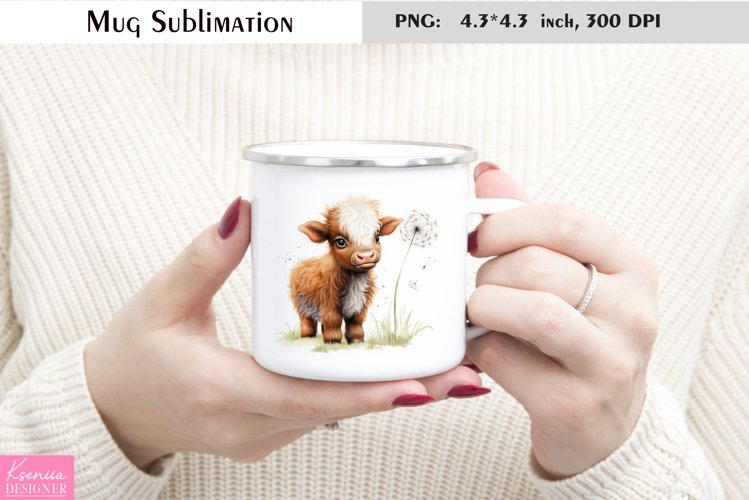Highland Cow with a Dandelion|Watercolor Farm Animal Mug