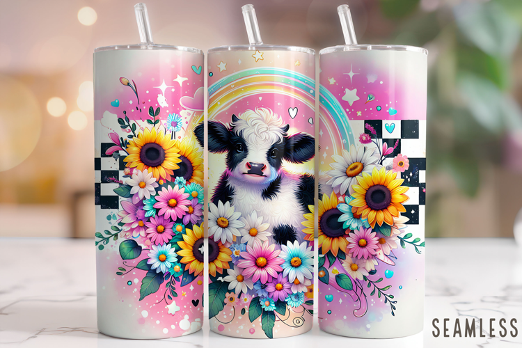 Floral Cow Tumbler Wrap, Cute Cow Tumbler, Baby Cow Tumbler