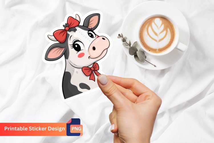 Cute Cow With Bow Sticker, Adorable Cow Cartoon Sticker example image 1