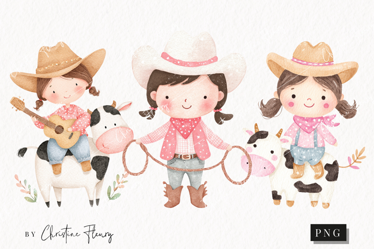 Watercolor Cute Cowgirl Clipart | Cowgirl PNG