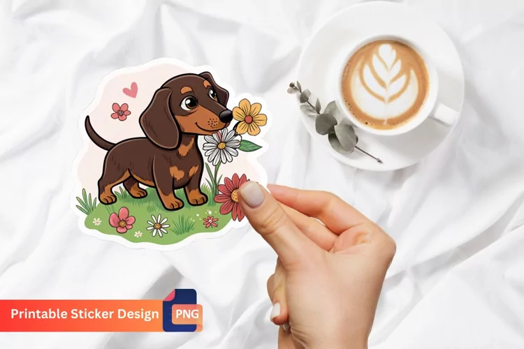 Cute Dachshund Puppy Flowers Sticker, Puppy Sticker