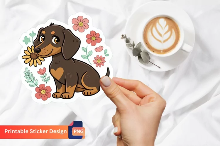 Cute Dachshund Puppy Flowers Sticker, Puppy Sticker