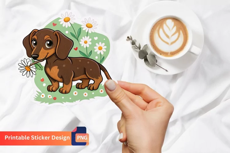 Cute Dachshund Puppy Flowers Sticker, Puppy Sticker