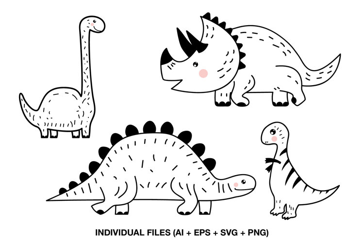 Four cute dinosaur line art illustrations for cardmaking and printable coloring projects.