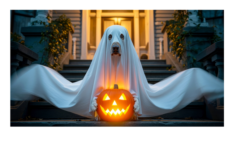 Cute dog ghost sitting on steps with glowing pumpkin lantern