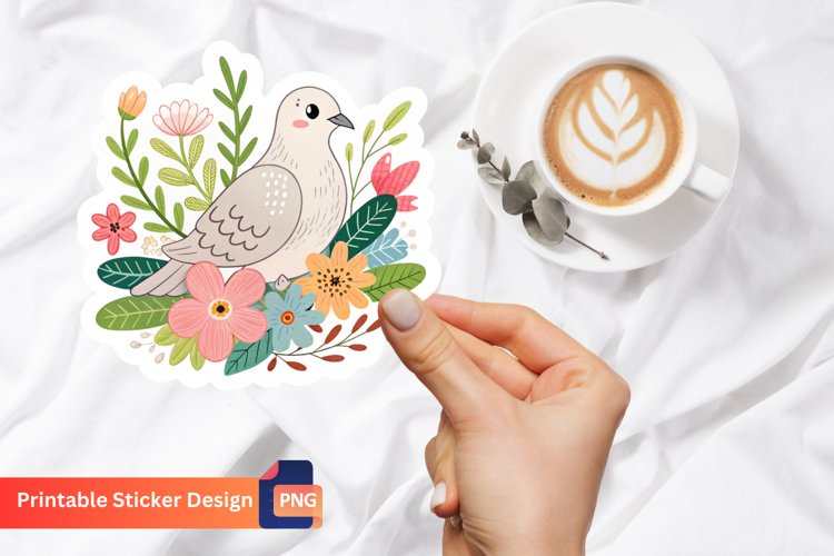 Cute Dove Flowers Sticker, Floral Dove, Spring Flowers Art example image 1