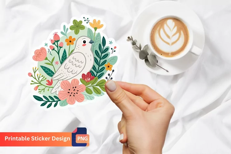 Cute Dove Flowers Sticker, Floral Dove, Spring Flowers Art