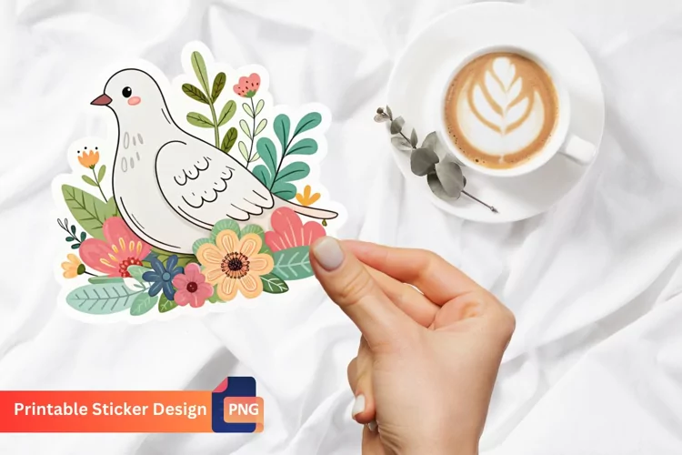 Cute Dove Flowers Sticker, Floral Dove, Spring Flowers Art