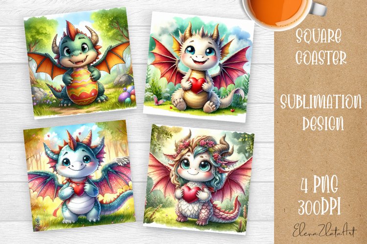 Cute dragon Square Coaster Sublimation Desig