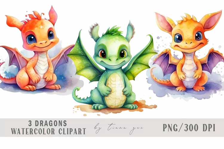 Cute watercolor dragon clipart - 3 png files