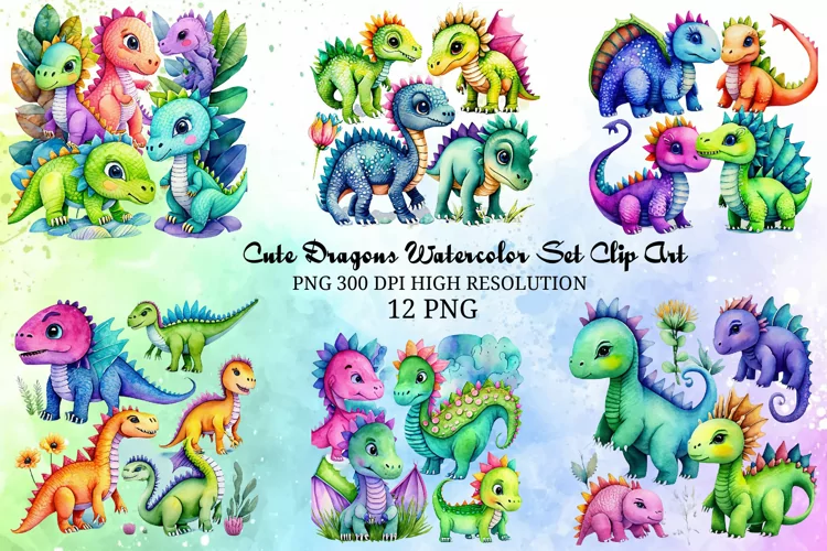 Cute Dragons Watercolor Clipart PNG