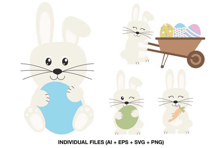 Cute Easter bunny clipart collection with pastel eggs carrot and wheelbarrow