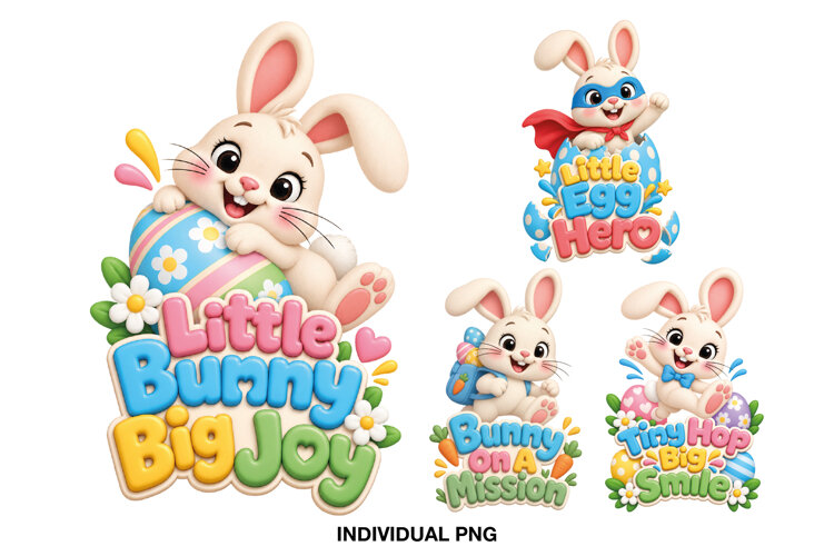 Four colorful Easter bunny designs with playful phrases for kids’ shirts