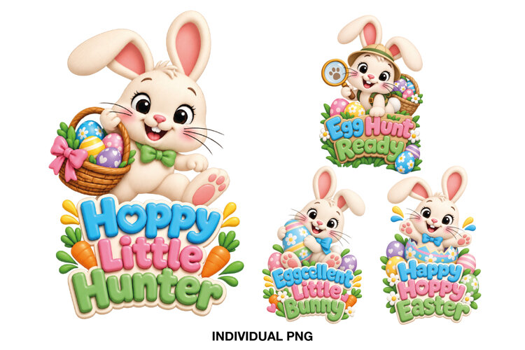 Four colorful Easter bunny PNG designs with eggs and playful spring phrases