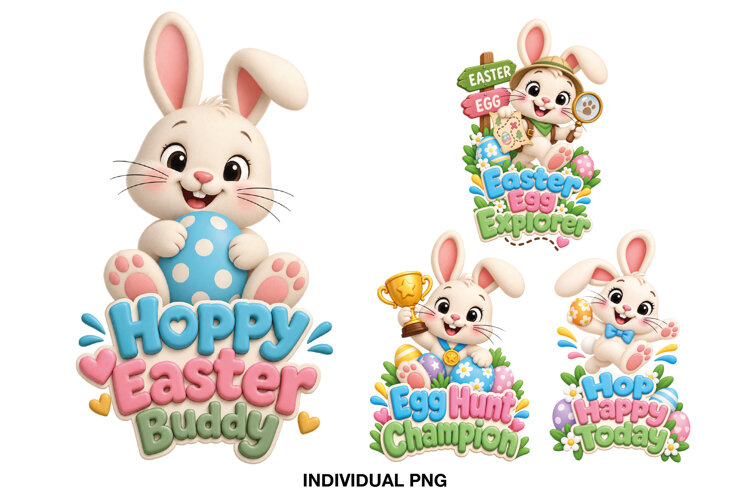 Four cute Easter bunny PNG designs featuring colorful seasonal phrases, pastel eggs and cheerful rabbit characters.