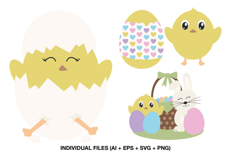 Four pastel Easter clipart designs featuring chicks eggs bunny and Easter basket