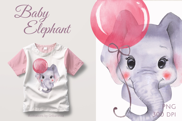 Cute Baby Elephant with Balloon Watercolor PNG