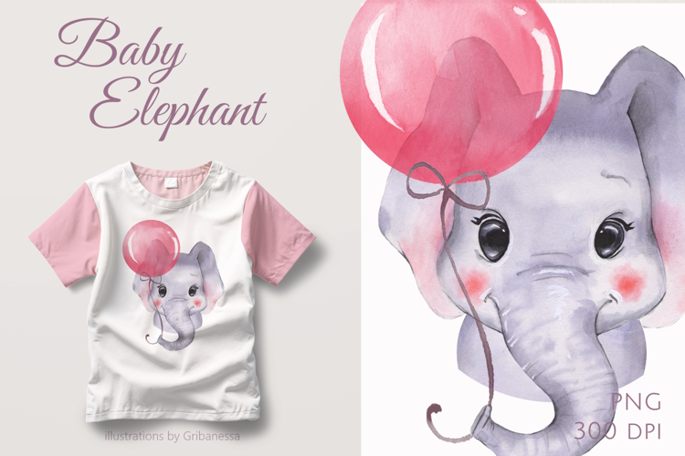 Cute Baby Elephant with Balloon Watercolor PNG