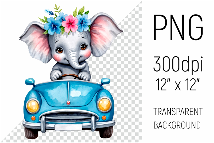 Cute Elephant Driving Blue Car | Sublimation Design