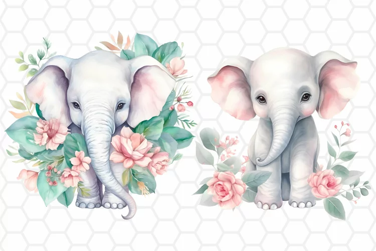 Cute Elephants Watercolor Clipart Designs, Sublimation PNG