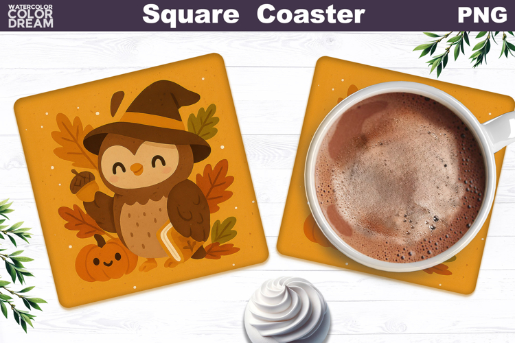 Cute Owl Witch Hat Square Coaster | Fall Pumpkin Leaves