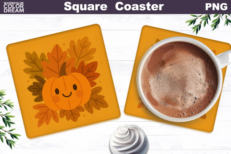 Fall Square Coaster | Autumn Pumpkin Leaves