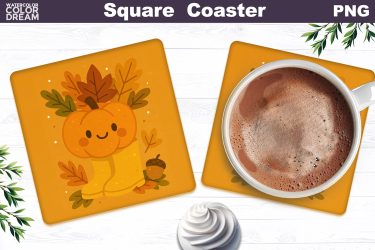 Fall Square Coaster | Autumn Pumpkin Leaves