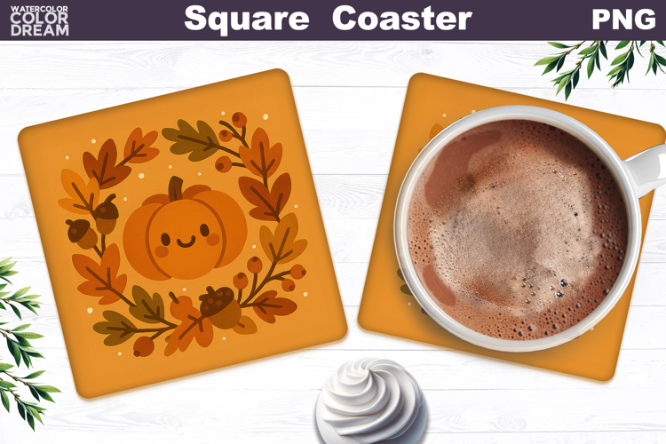 Fall Square Coaster | Autumn Pumpkin Leaves