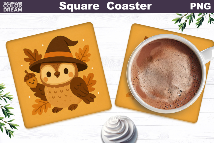 Cute Owl Witch Hat Square Coaster | Fall Pumpkin Leaves
