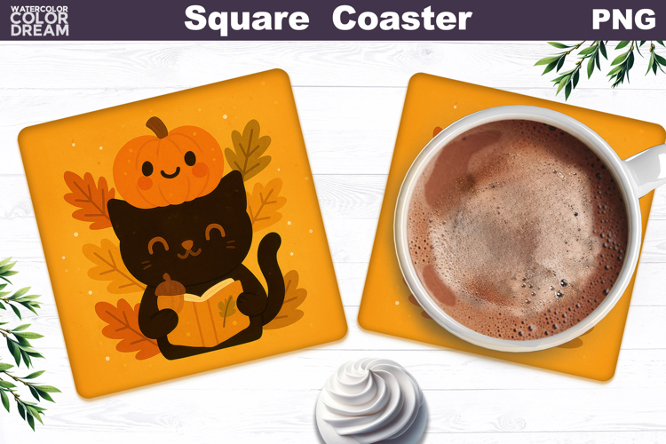 Black Cat Reading Book Square Coaster | Fall Pumpkin Leaves