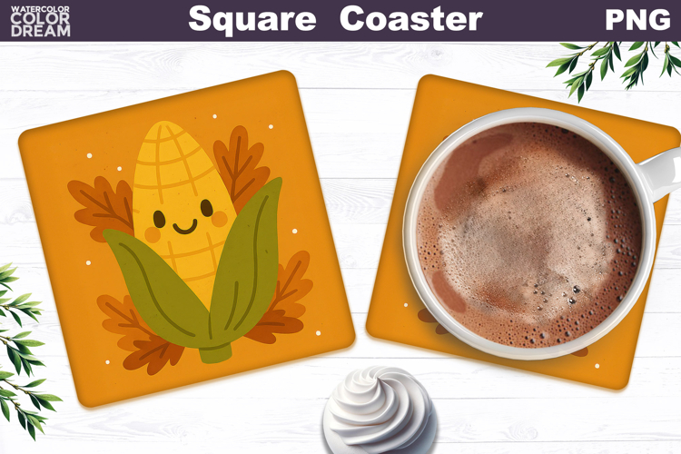 Corn Kawaii Square Coaster | Fall Pumpkin Leaves