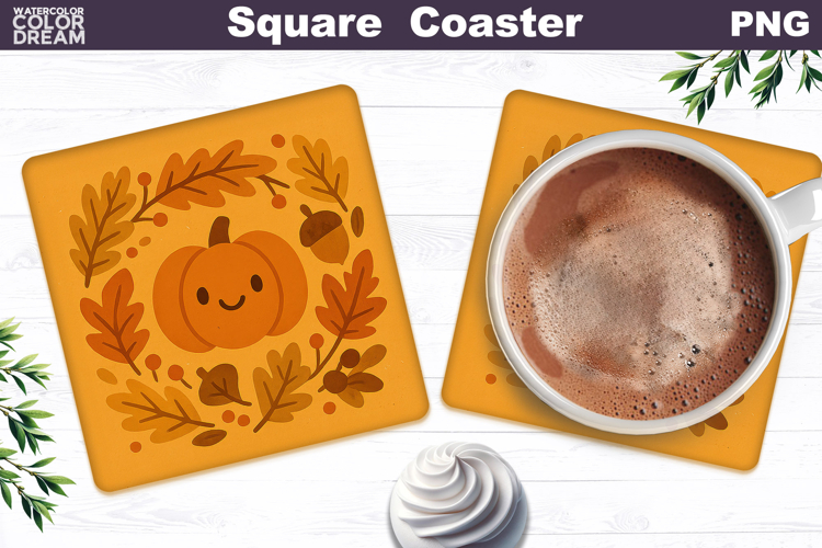 Fall Square Coaster | Autumn Pumpkin Leaves