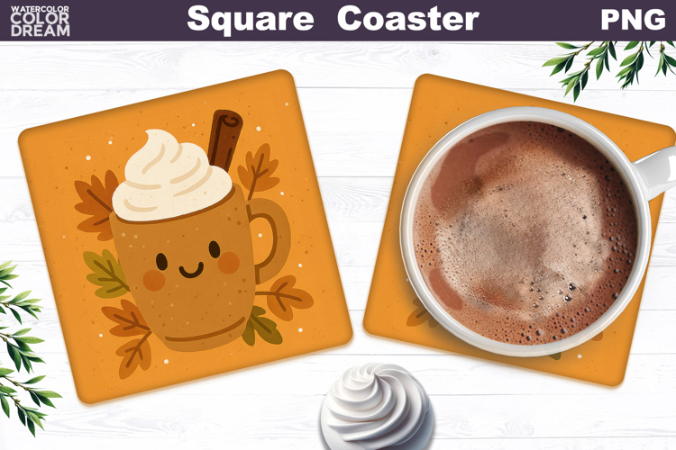 Fall Square Coaster | Autumn Pumpkin Latte Leaves