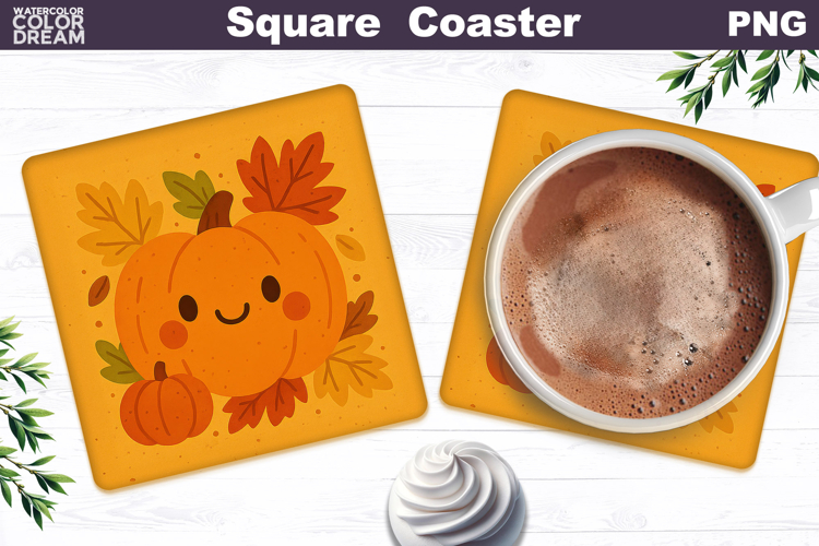 Fall Square Coaster | Autumn Pumpkin Leaves