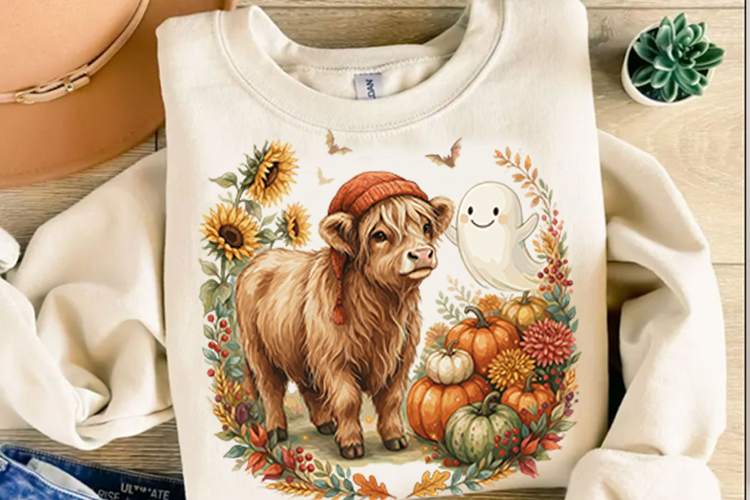 Cute fall highland cow ghost Spooky Season PNG Designs