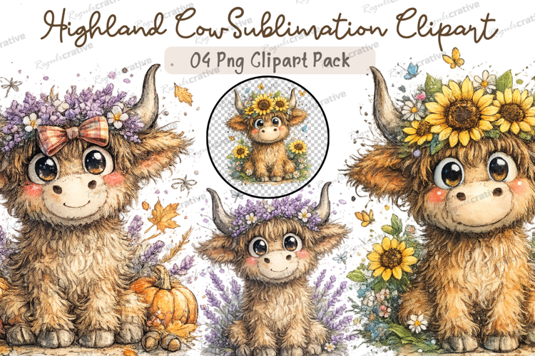 Cute Highland Cow Clipart PNG Bundle, Watercolor Baby Cow