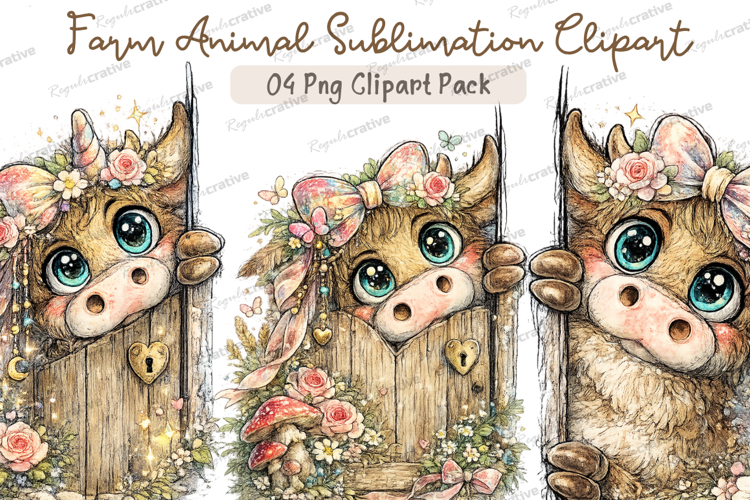 Cute Highland Cow Clipart PNG Bundle, Watercolor Farm Animal