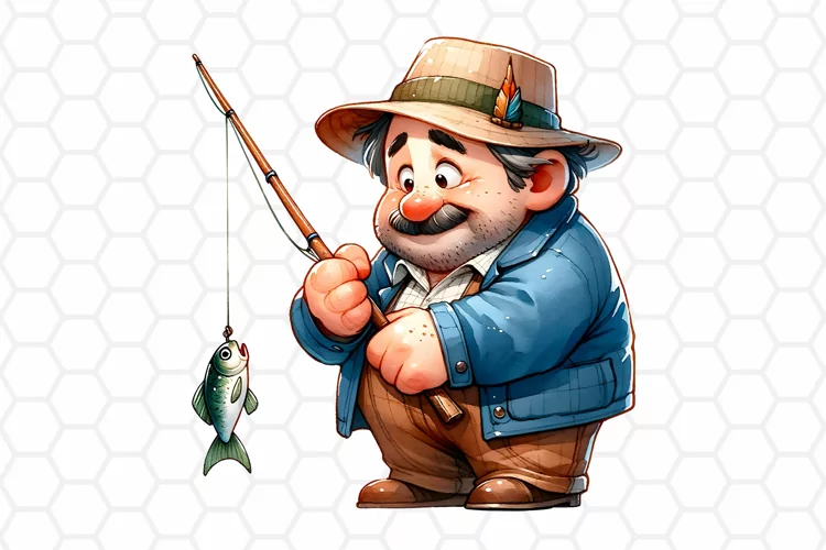 Cute Fisherman Watercolor Clipart, Fishing Sublimation PNG