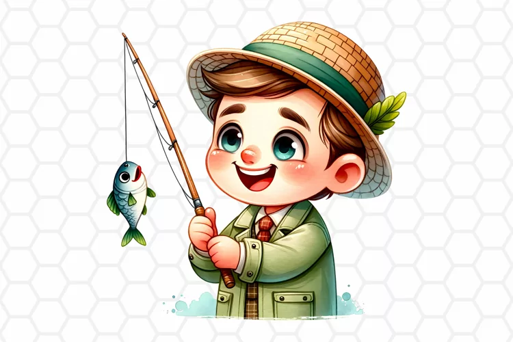 Cute Fisherman Watercolor Clipart, Fishing Sublimation PNG