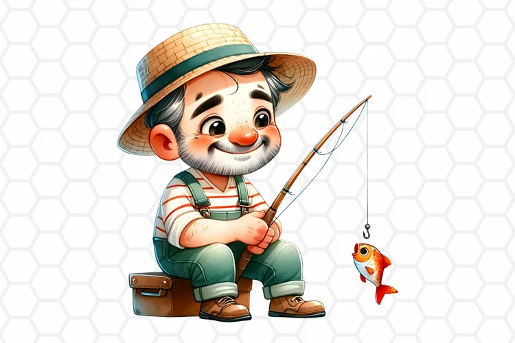 Cute Fisherman Watercolor Clipart, Fishing Sublimation PNG
