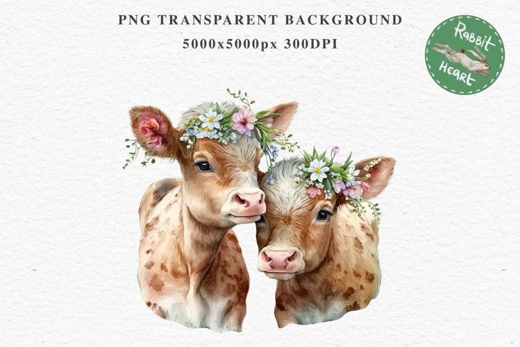 Cute Floral Baby Cow Flowers Watercolor Clipart PNG Highland